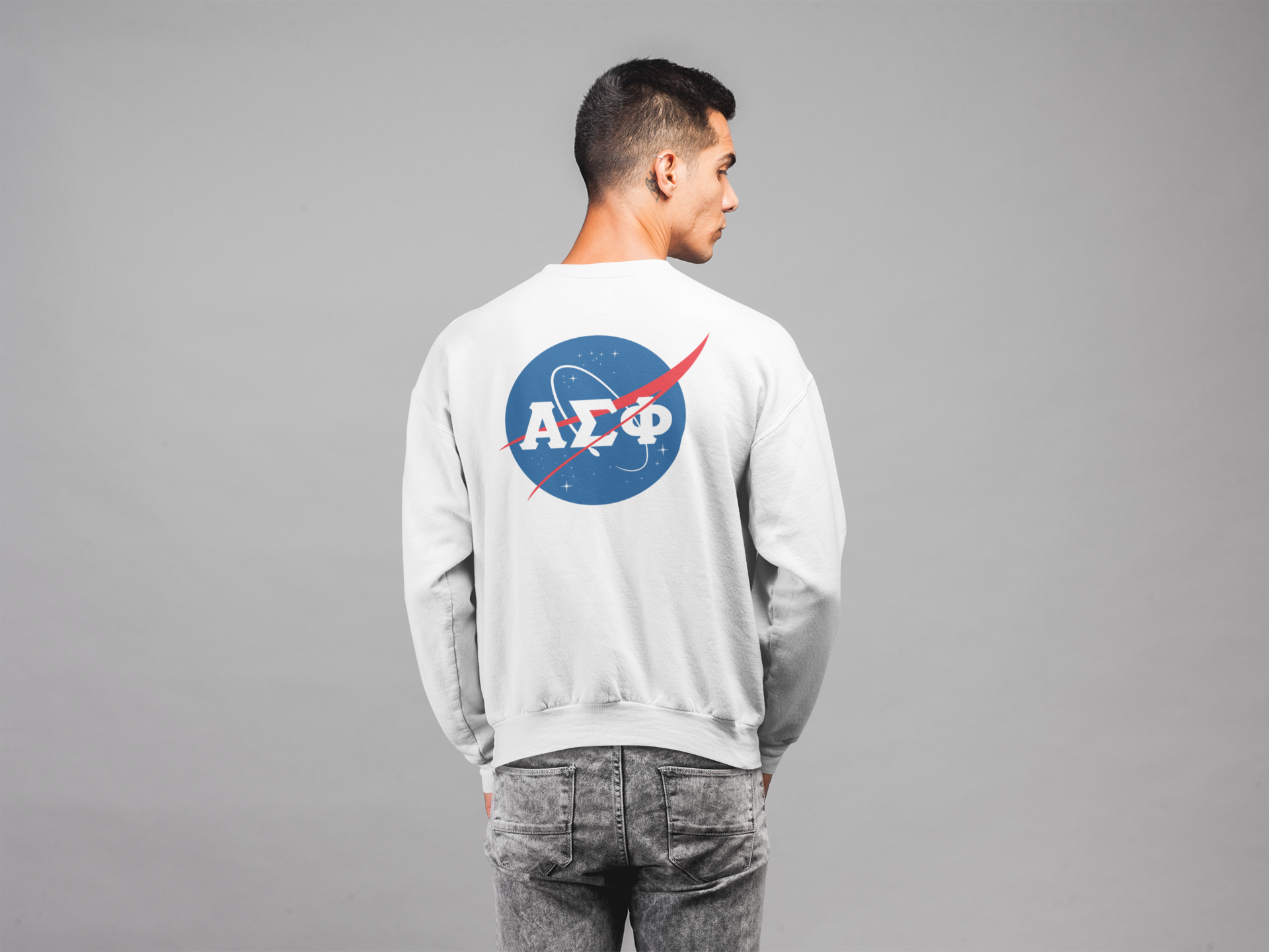 Alpha Sigma Phi Graphic Crewneck Sweatshirt | Nasa 2.0 | Alpha Sigma Phi Fraternity Crewneck Shirt back model 