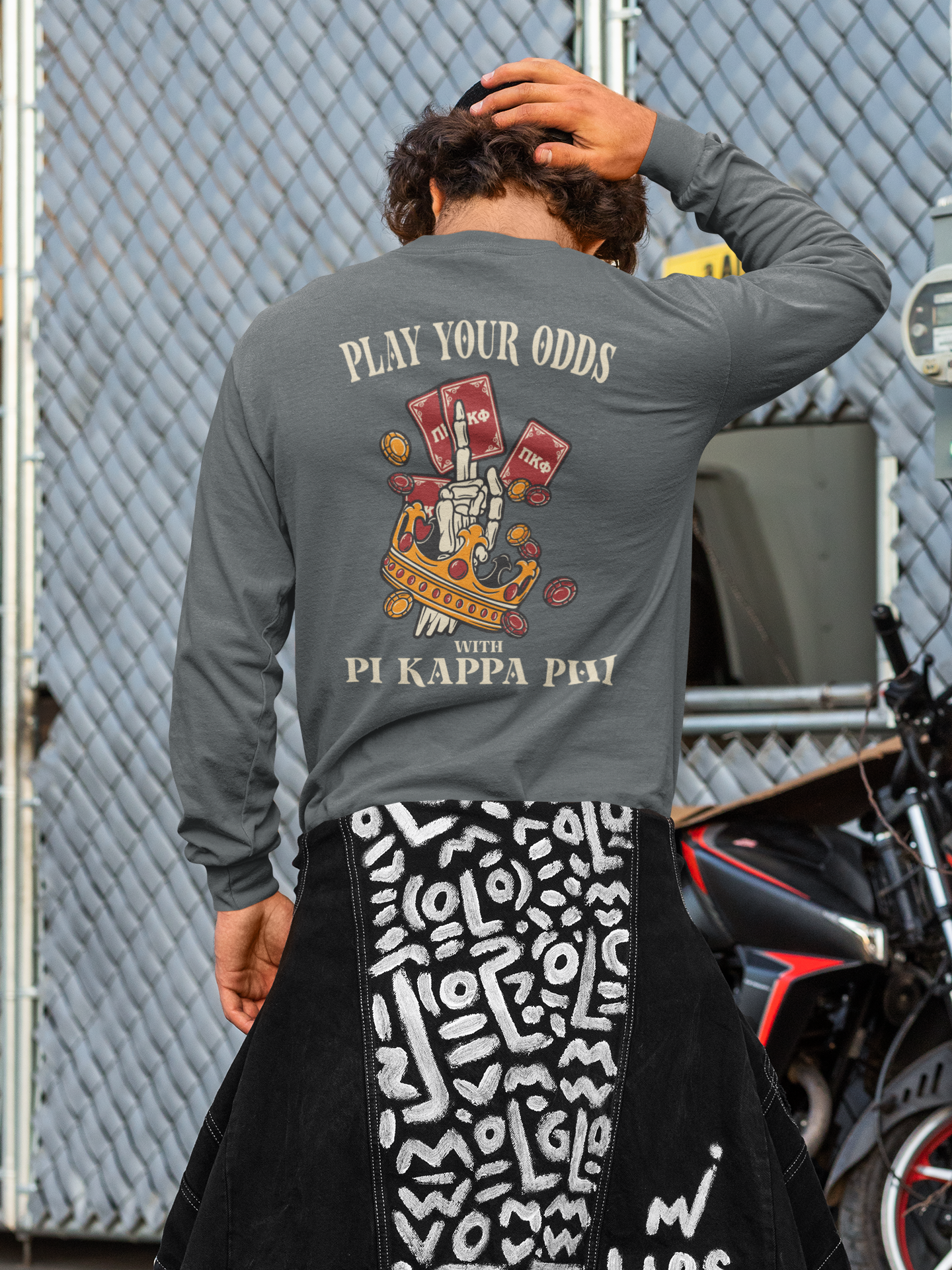 Grey Pi Kappa Phi Graphic Long Sleeve | Play Your Odds | Pi Kappa Phi Apparel and Merchandise model