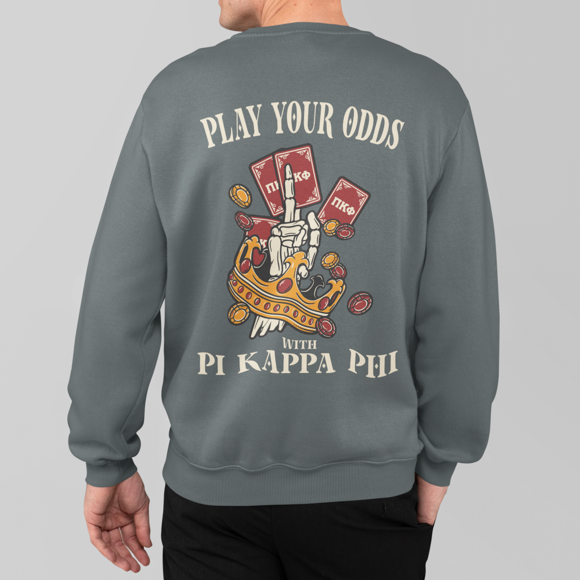 Pi Kappa Phi Graphic Crewneck Sweatshirt | Play Your Odds | Pi Kappa Phi Apparel and Merchandise model 