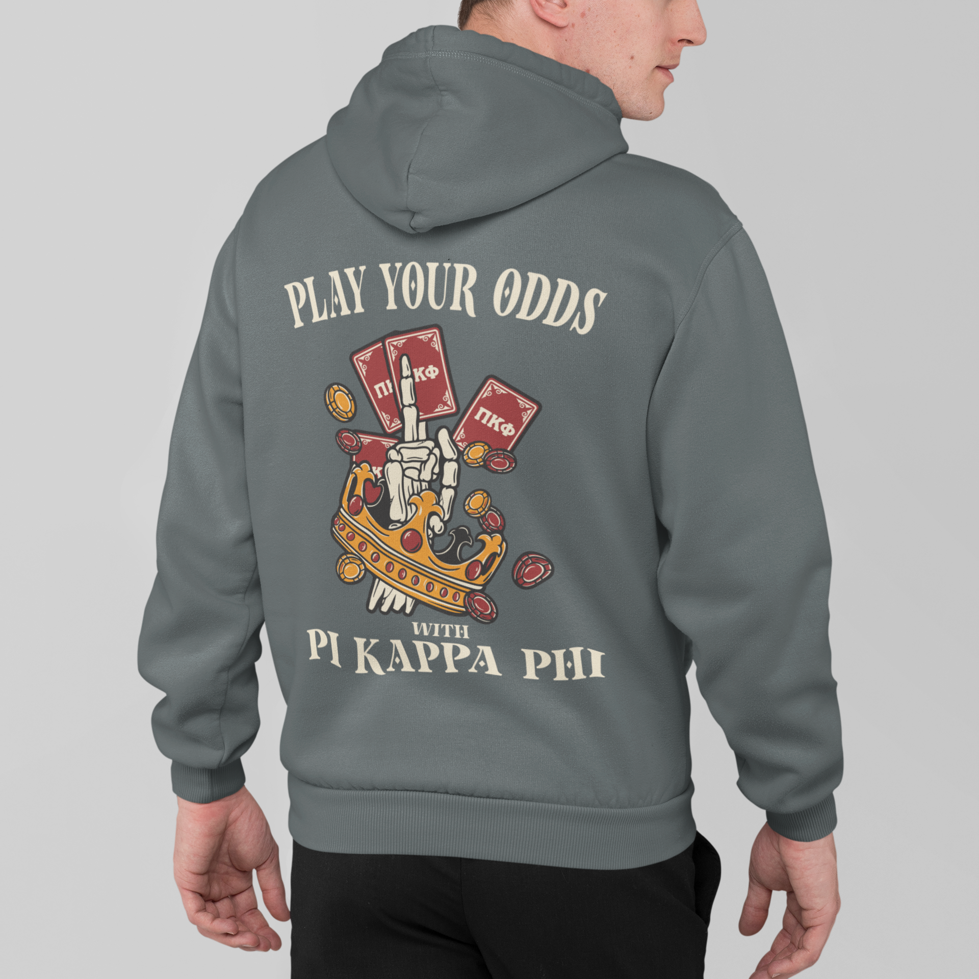 grey Pi Kappa Phi Graphic Hoodie | Play Your Odds | Pi Kappa Phi Apparel and Merchandise model 
