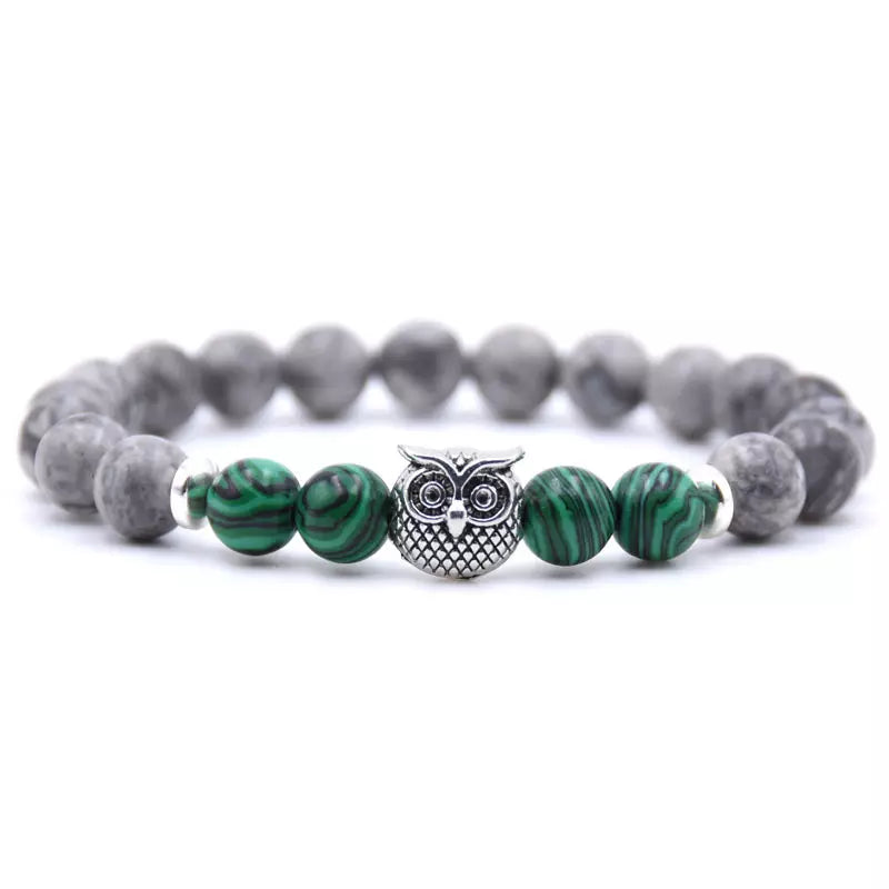 Owl Bracelet - Emerald Green and Gray Stones