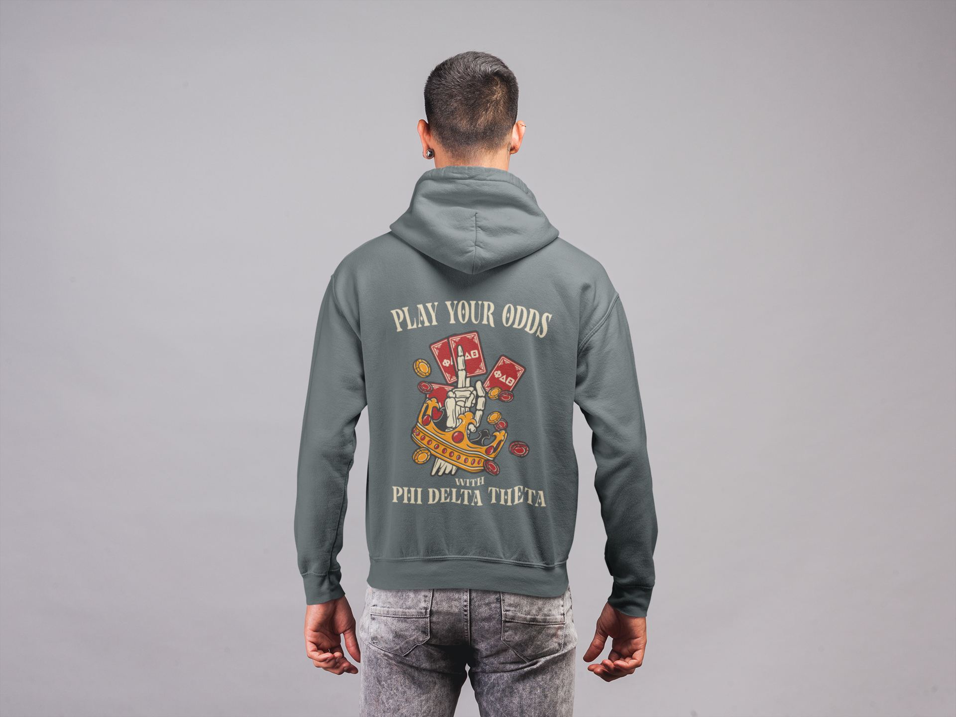 grey Phi Delta Theta Graphic Hoodie | Play Your Odds | phi delta theta fraternity greek apparel back model 