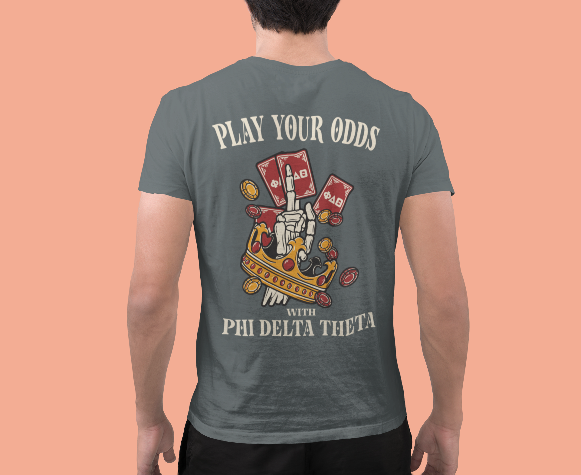 grey Phi Delta Theta Graphic T-Shirt | Play Your Odds | phi delta theta fraternity greek apparel model 