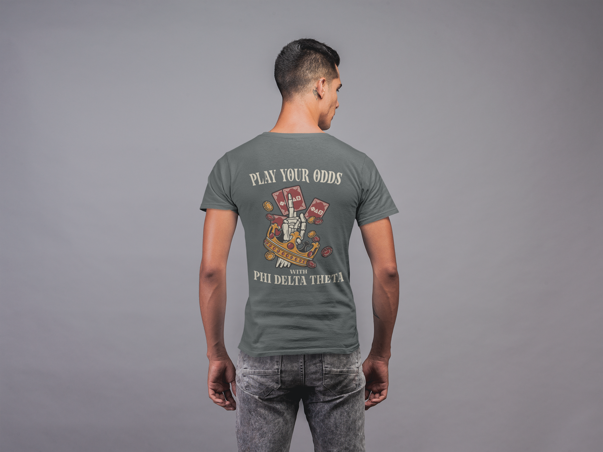 Phi Delta Theta Graphic T-Shirt | Play Your Odds | phi delta theta fraternity greek apparel back model 