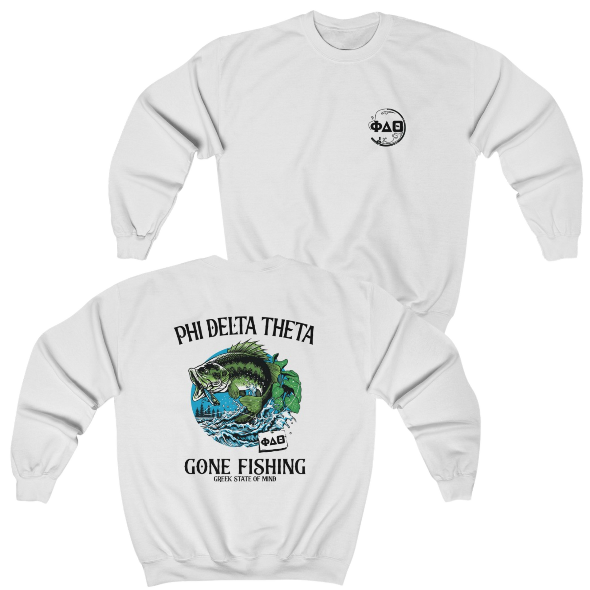 white Phi Delta Theta Graphic Crewneck Sweatshirt | Gone Fishing | phi delta theta fraternity greek apparel 
