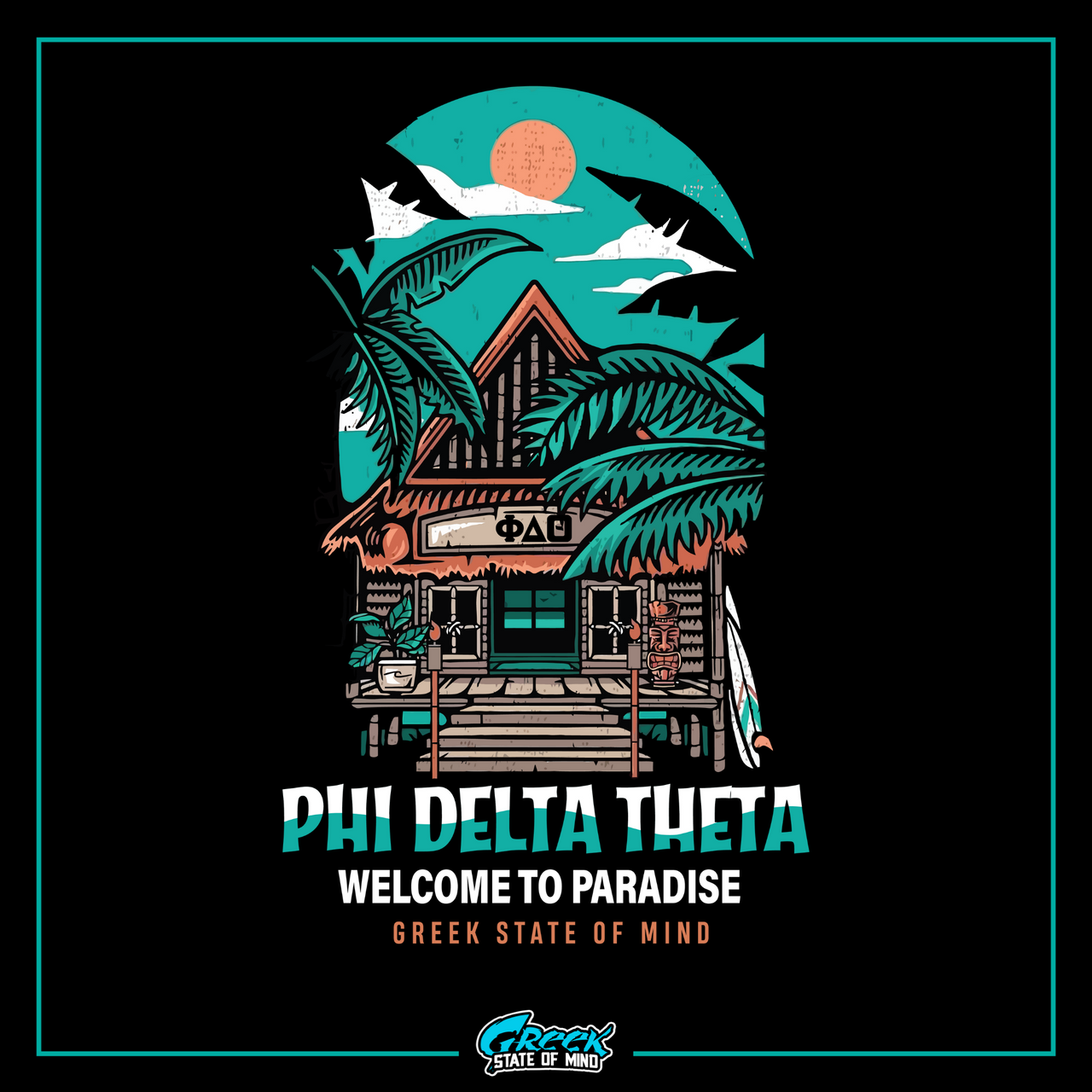 Black Phi Delta Theta Graphic Hoodie | Welcome to Paradise | phi delta theta fraternity greek apparel design 