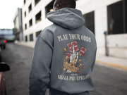 Grey Sigma Phi Epsilon Graphic Hoodie | Play Your Odds | SigEp Clothing - Campus Apparel back model 