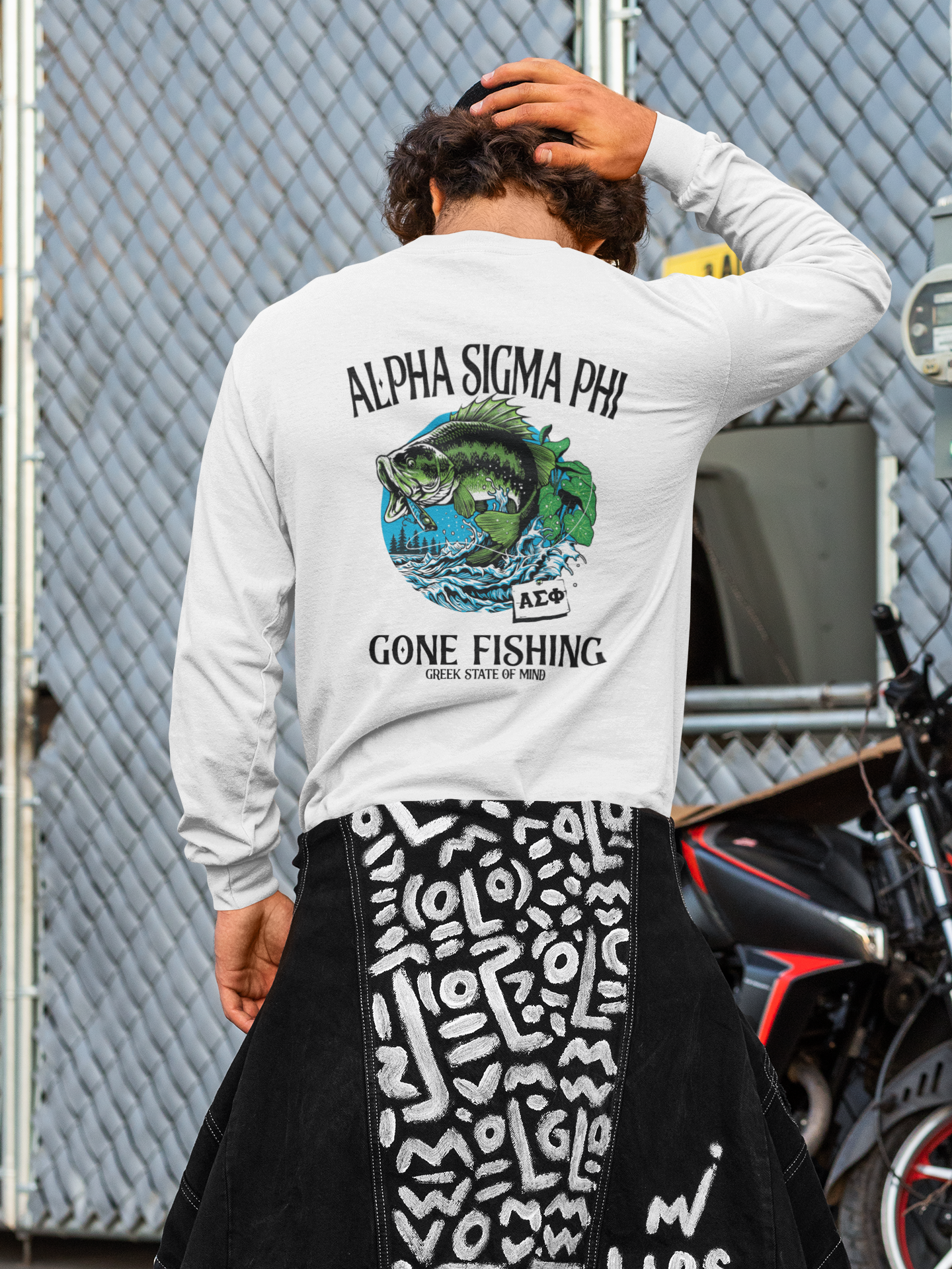 Alpha Sigma Phi Graphic Long Sleeve T-Shirt | Gone Fishing | Fraternity Shirt back model 