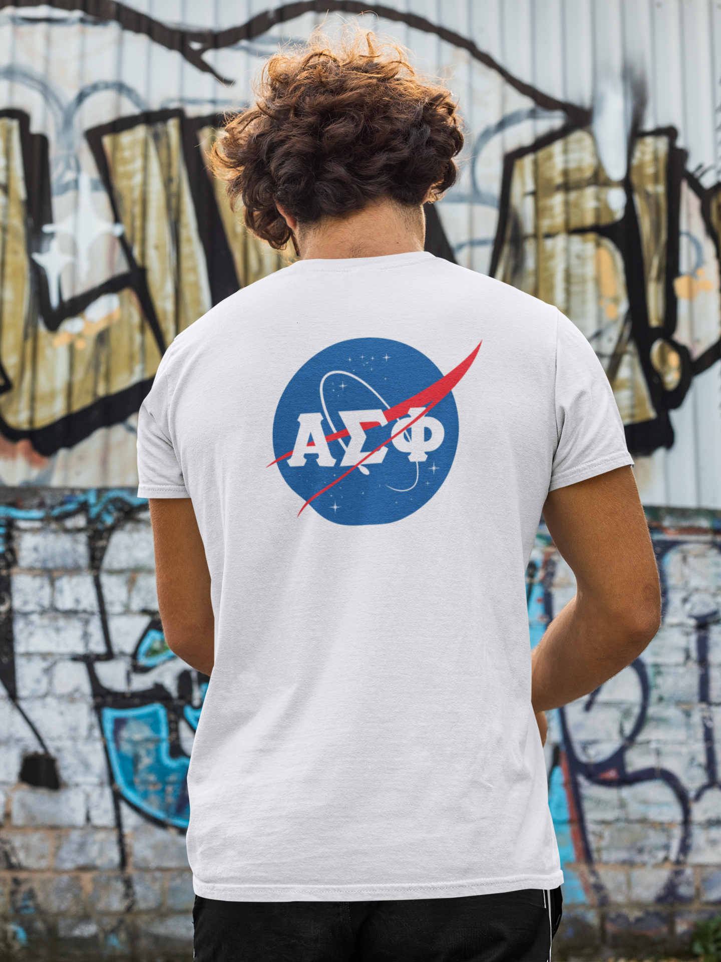 Alpha Sigma Phi Graphic T-Shirt | Nasa 2.0 | Alpha Sigma Phi Fraternity T- Shirt  back model 