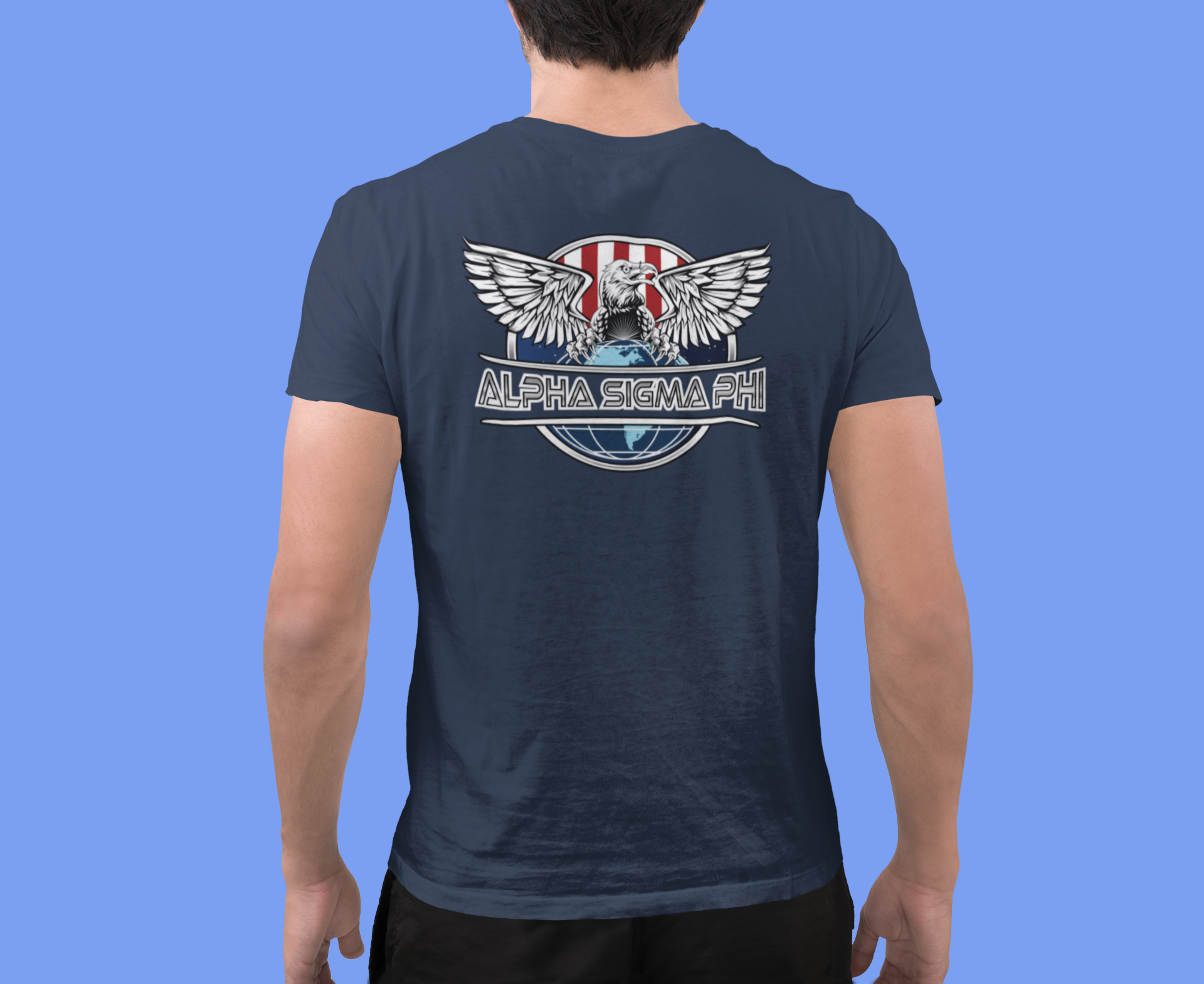Navy Alpha Sigma Phi Graphic T-Shirt | The Fraternal Order | Alpha Sigma Phi Fraternity Clothes back model 