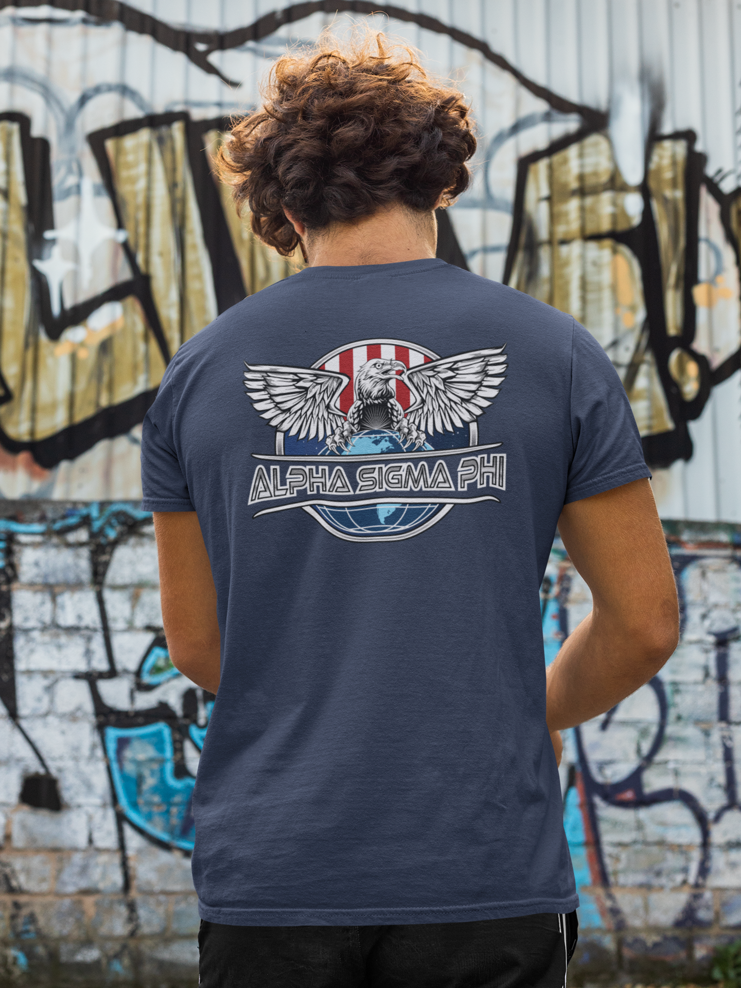 navy Alpha Sigma Phi Graphic T-Shirt | The Fraternal Order | Alpha Sigma Phi Fraternity Clothes model 