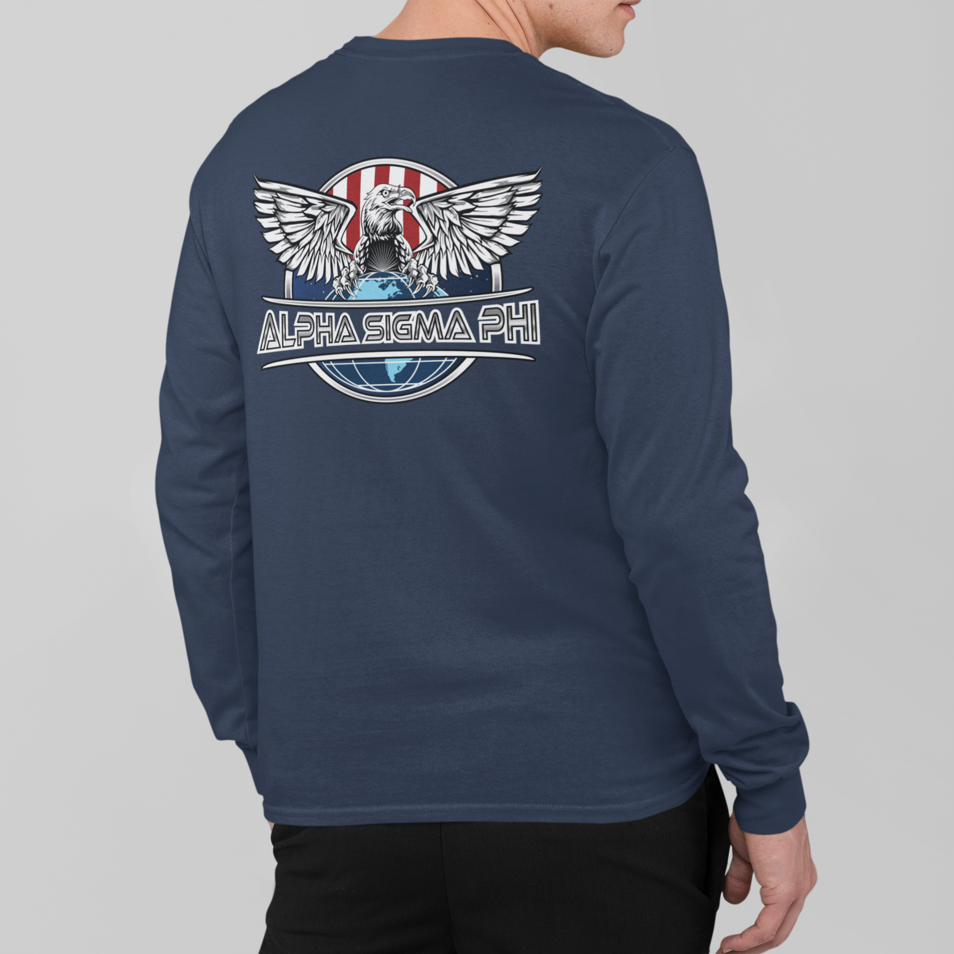 Navy Alpha Sigma Phi Graphic Long Sleeve | The Fraternal Order | Alpha Sigma Phi Fraternity Clothes Back Model 