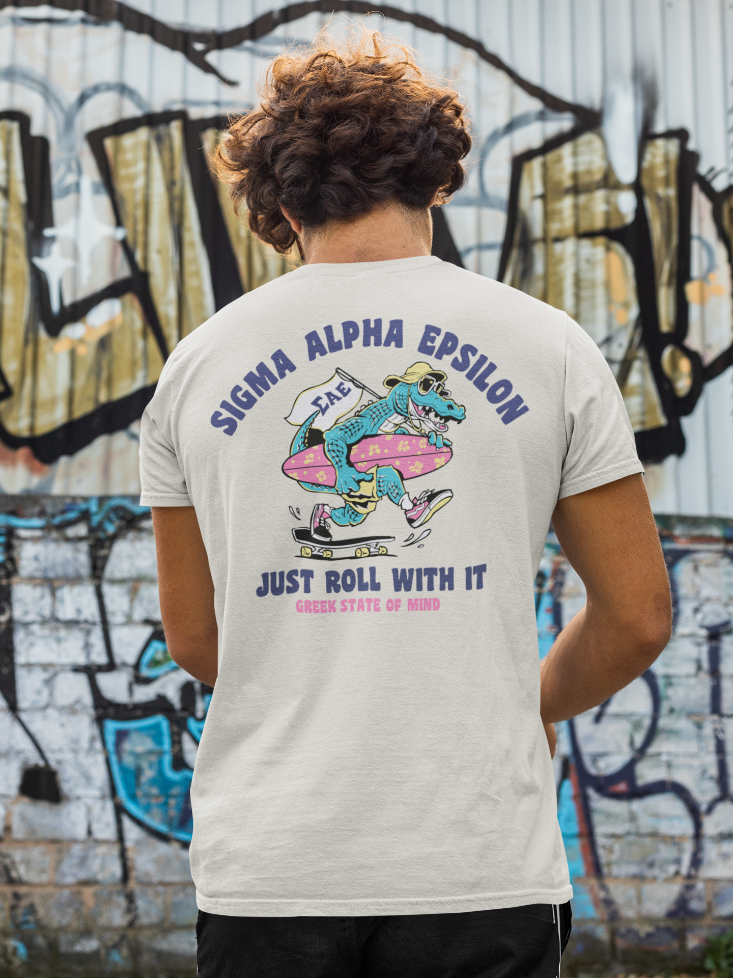 white Sigma Alpha Epsilon Graphic T-Shirt | Alligator Skater | Sigma Alpha Epsilon Clothing and Merchandise model 