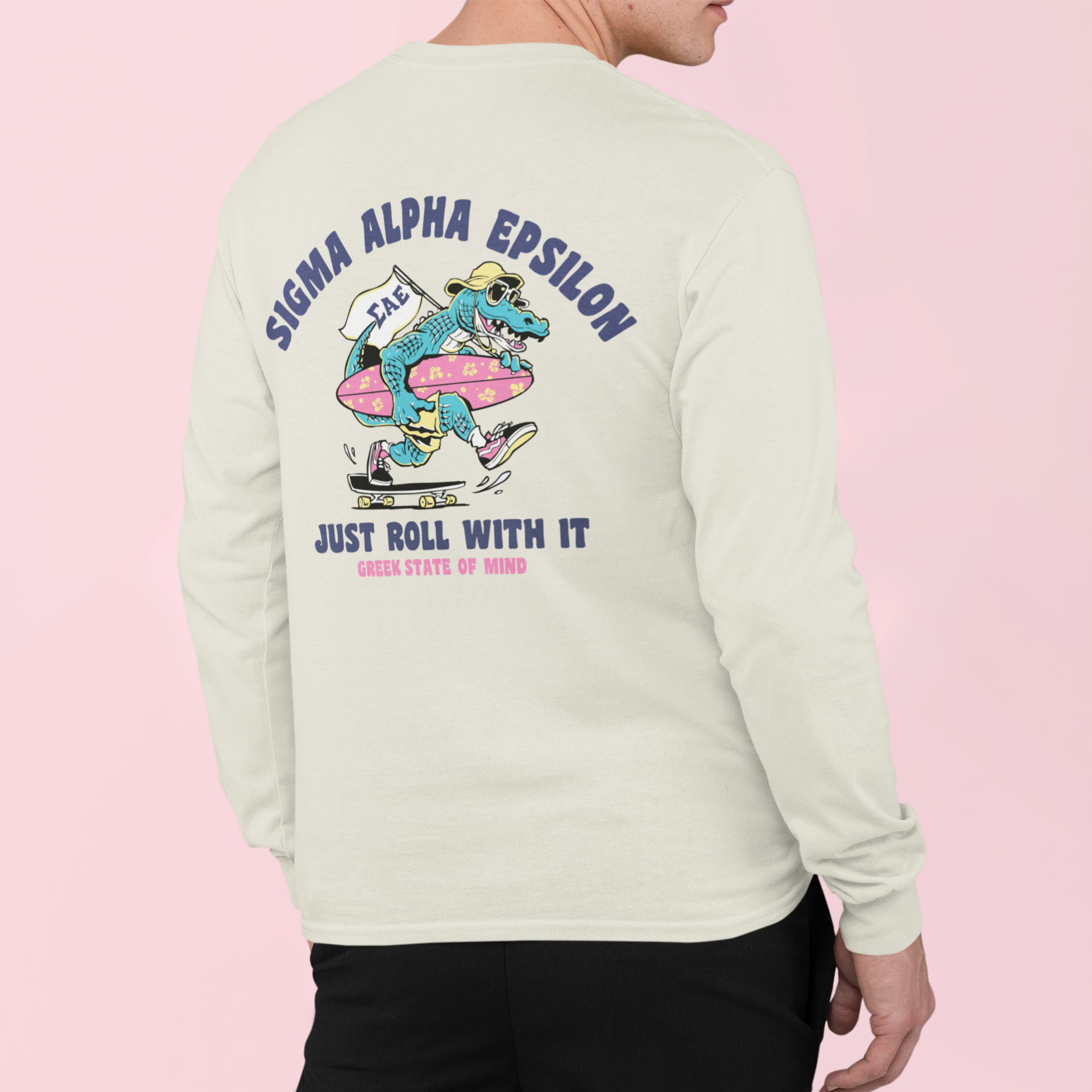 White Sigma Alpha Epsilon Graphic Long Sleeve | Alligator Skater | Sigma Alpha Epsilon Clothing and Merchandise model 