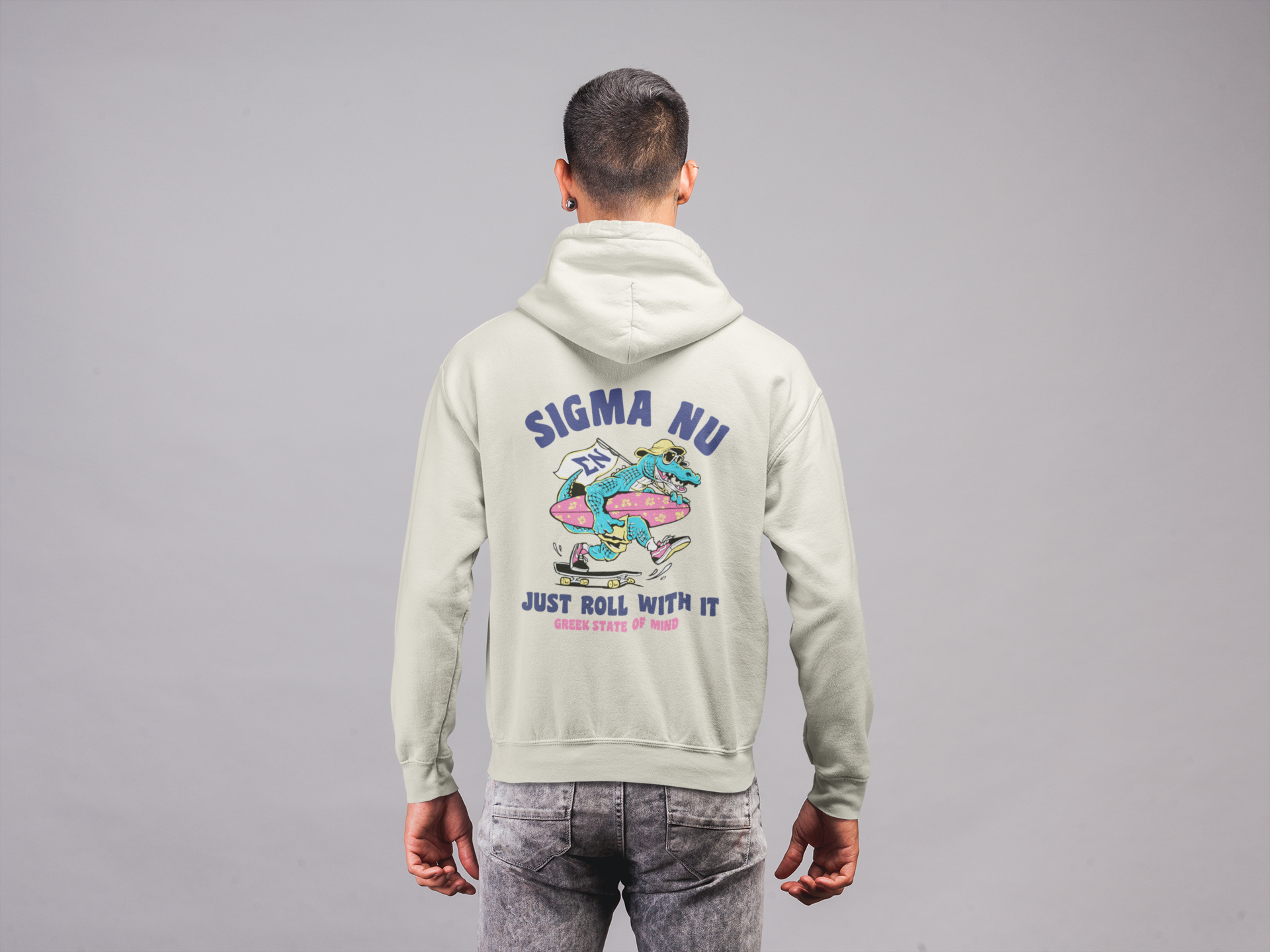 White Sigma Nu Graphic Hoodie | Alligator Skater | Sigma Nu Clothing, Apparel and Merchandise back model 