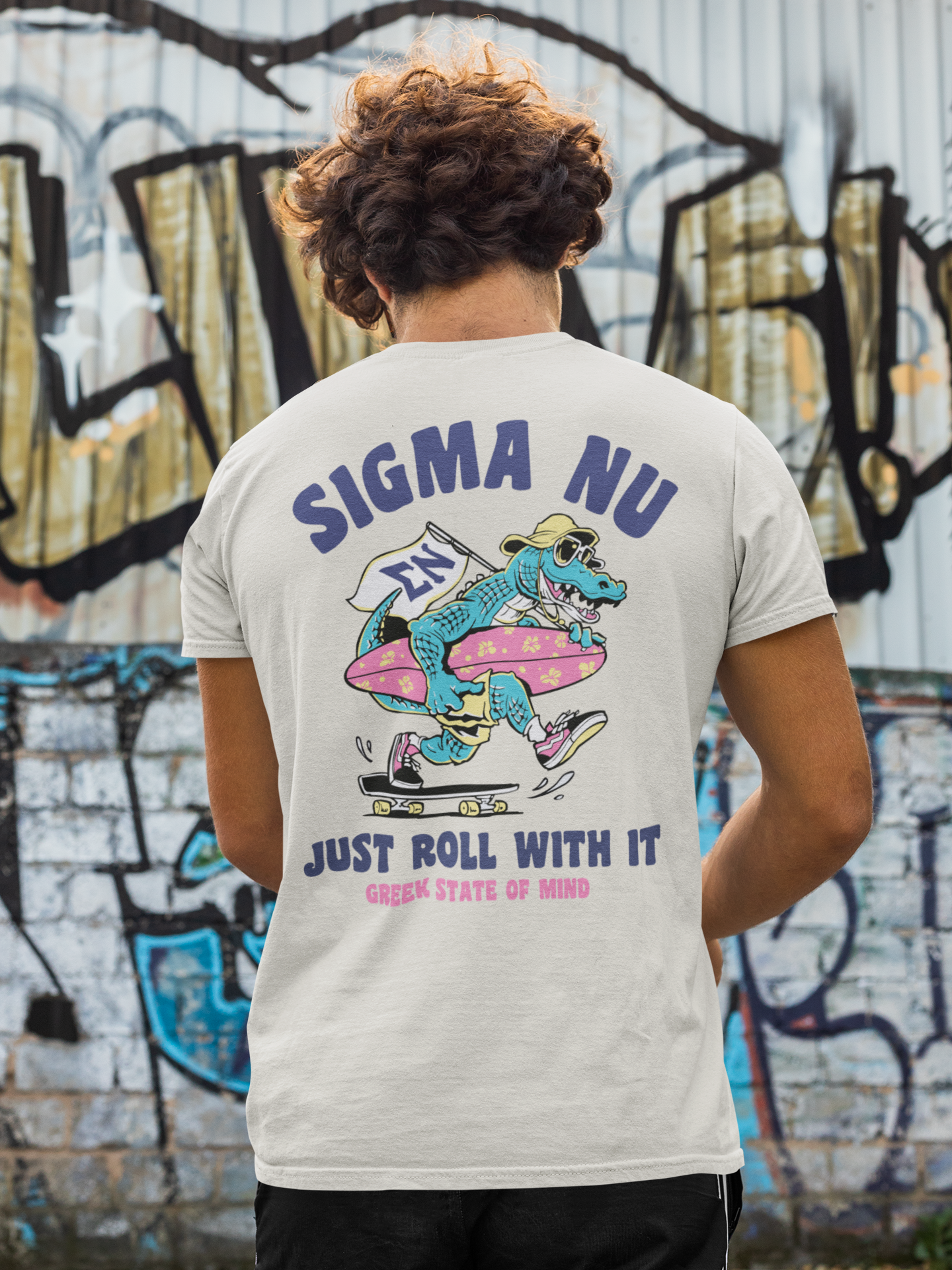 White Sigma Nu Graphic T-Shirt | Alligator Skater | Sigma Nu Clothing, Apparel and Merchandise model 