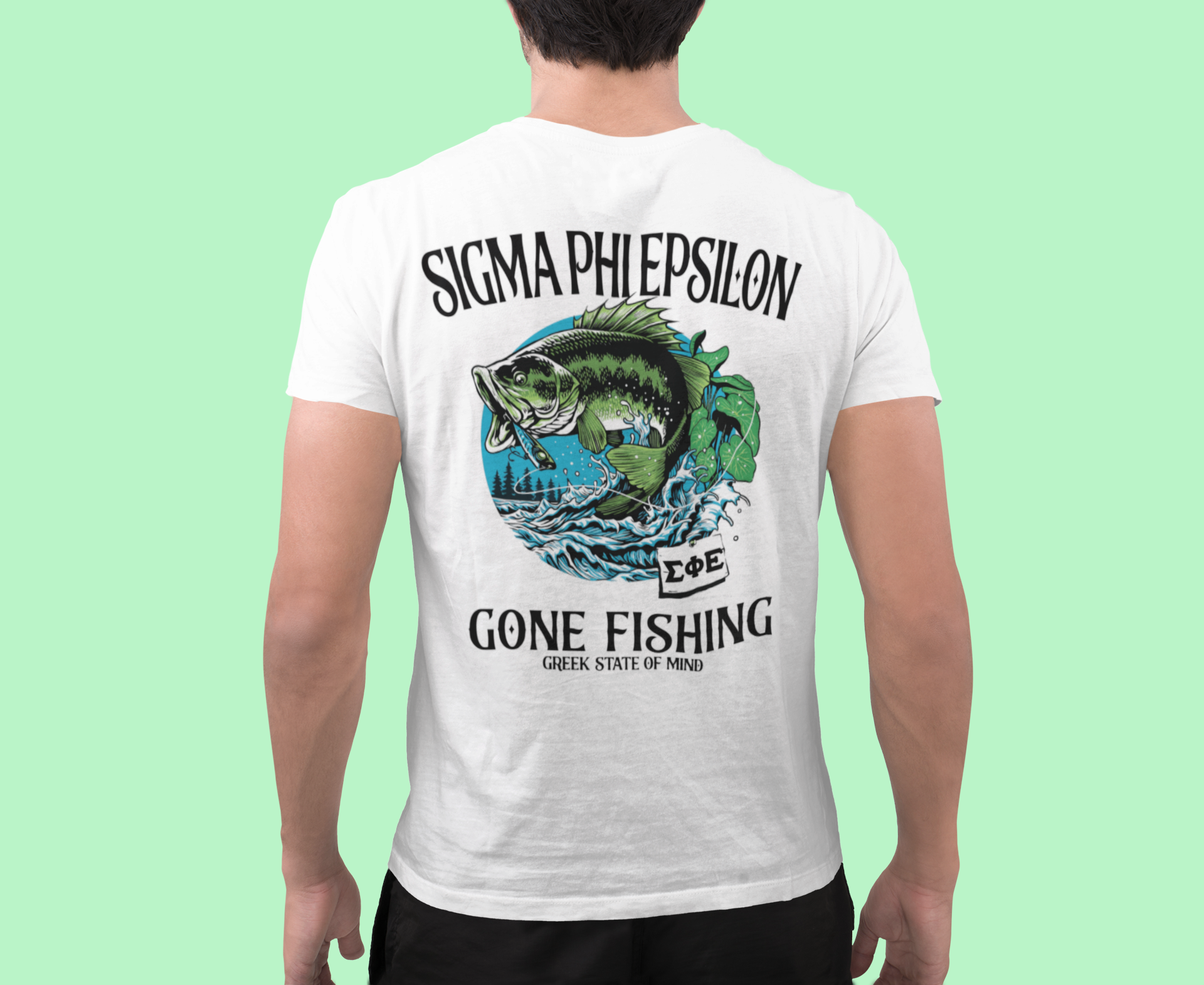 White Sigma Phi Epsilon Graphic T-Shirt | Gone Fishing | SigEp Clothing - Campus Apparel model 