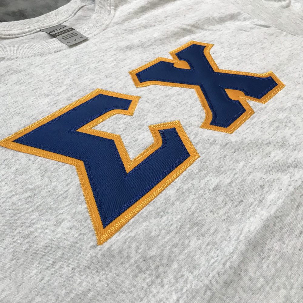 Sigma Chi Stitched Letter T-Shirt | Ash | Dark Royal with Gold Border