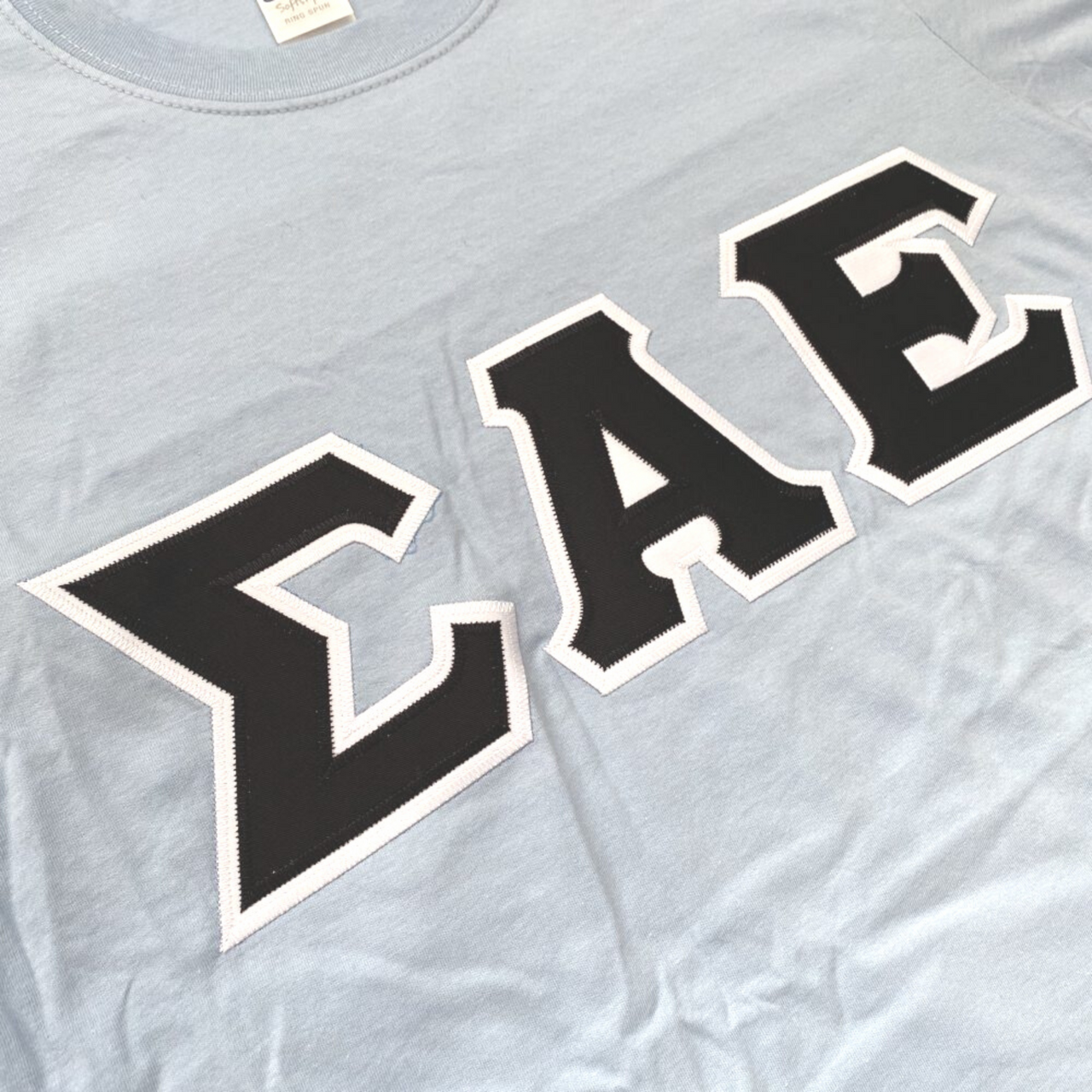 Sigma Alpha Epsilon Stitched Letter T-Shirt | Light Blue | Black with White Border