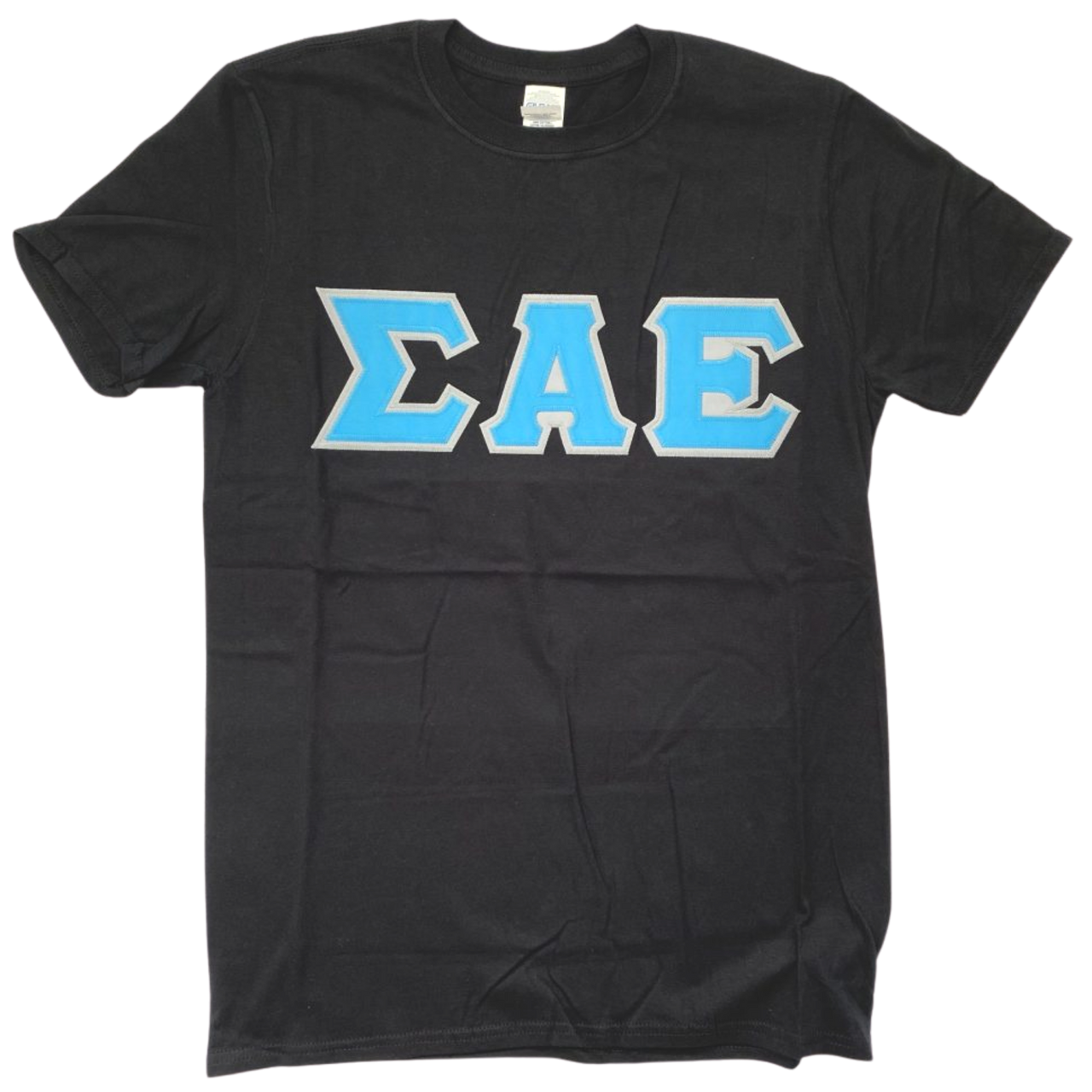 Sigma Alpha Epsilon Stitched Letter T-Shirt | Black | Cyan with Gray Border