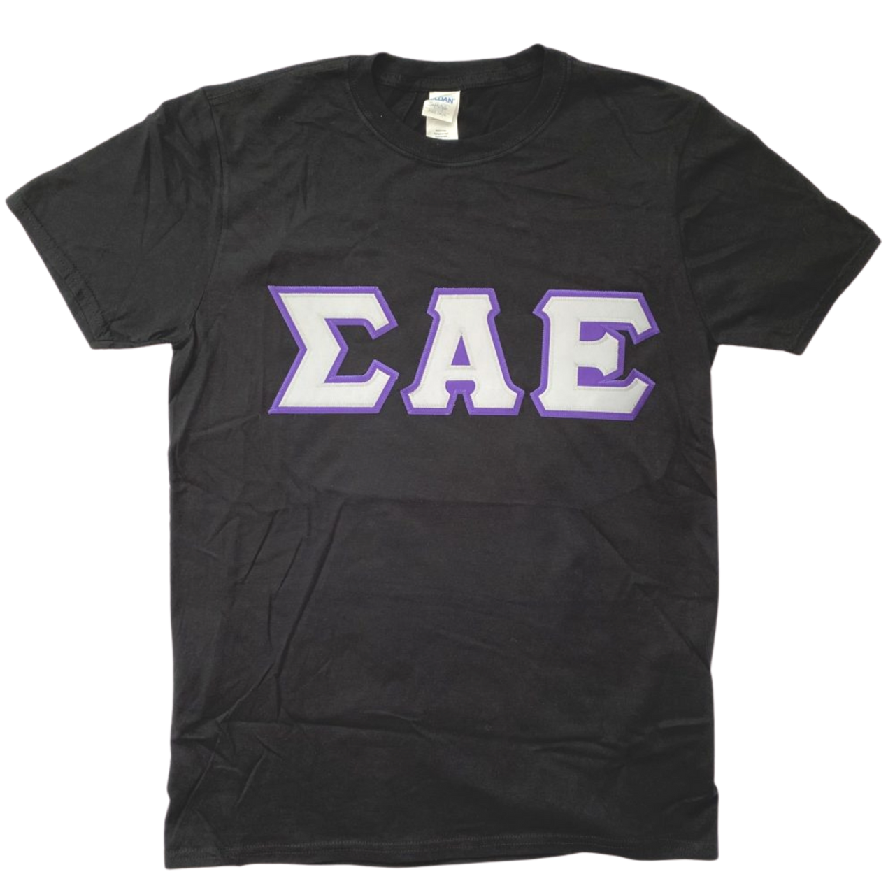 Sigma Alpha Epsilon Stitched Letter T-Shirt | Black | White with Purple Border