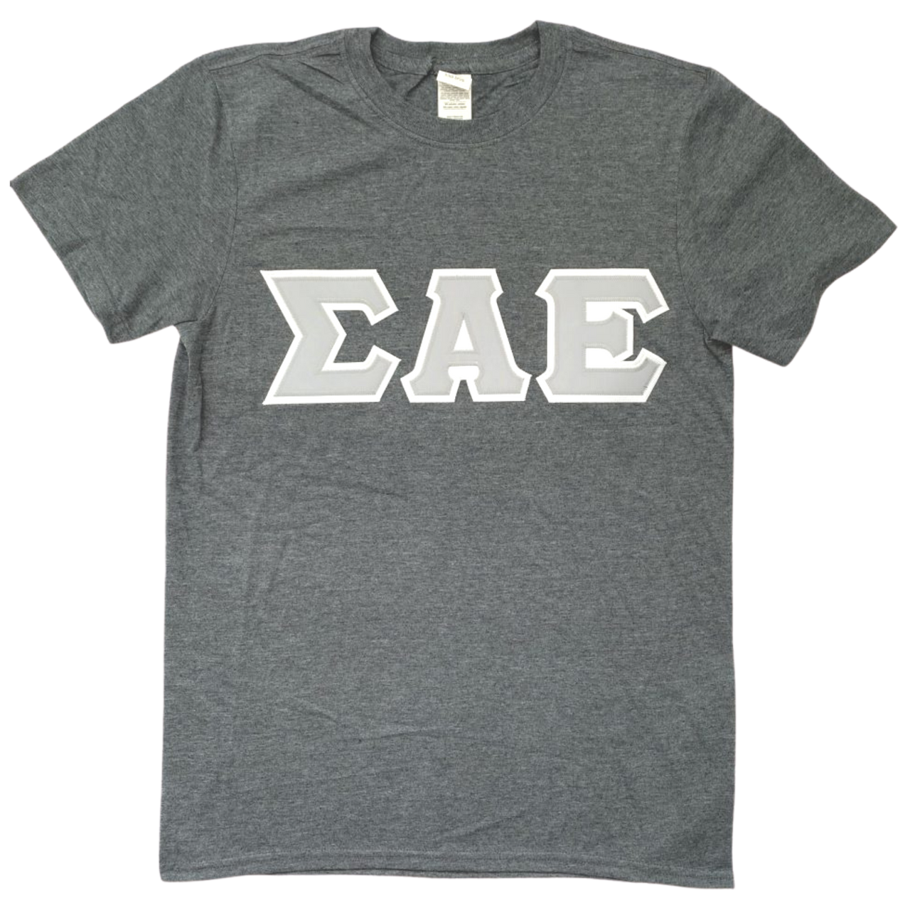 Sigma Alpha Epsilon Stitched Letter T-Shirt | Dark Heather | Gray with White Border