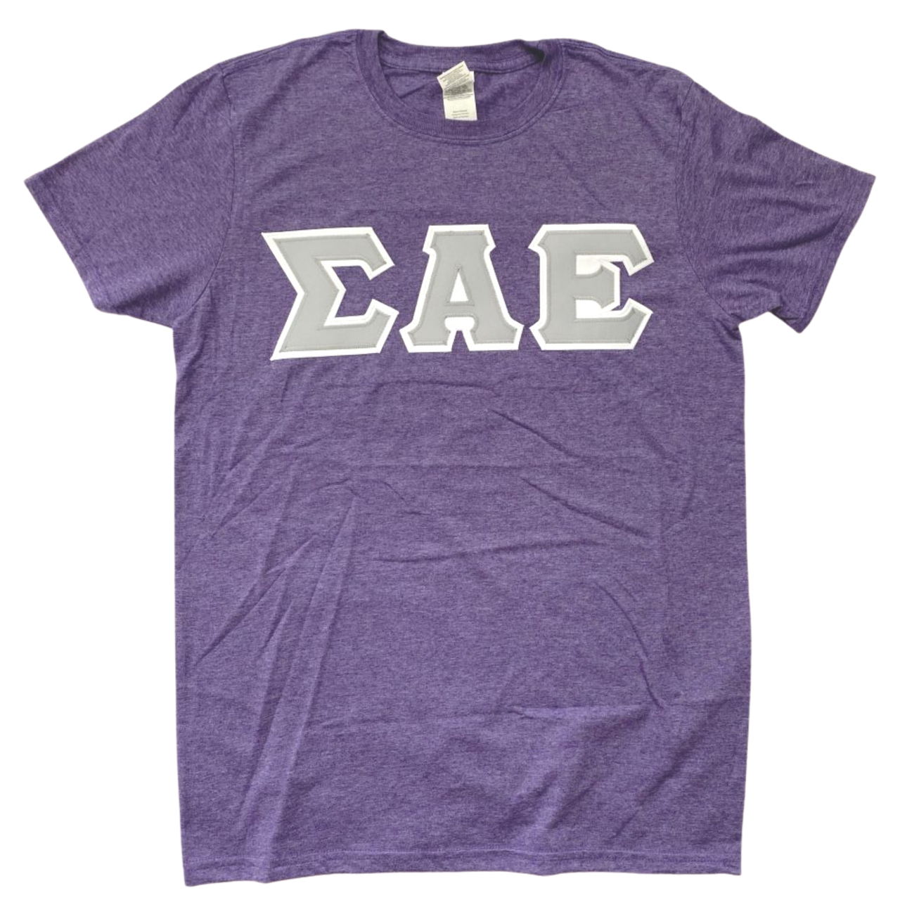 Sigma Alpha Epsilon Stitched Letter T-Shirt | Heather Purple | Gray with White Border