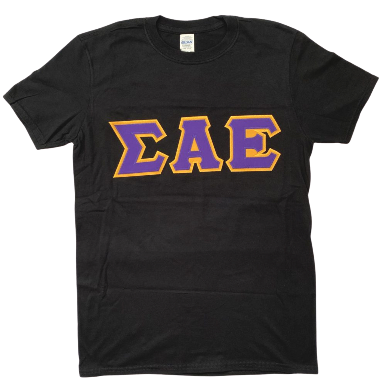 Sigma Alpha Epsilon Stitched Letter T-Shirt | Black | Purple with Gold Border