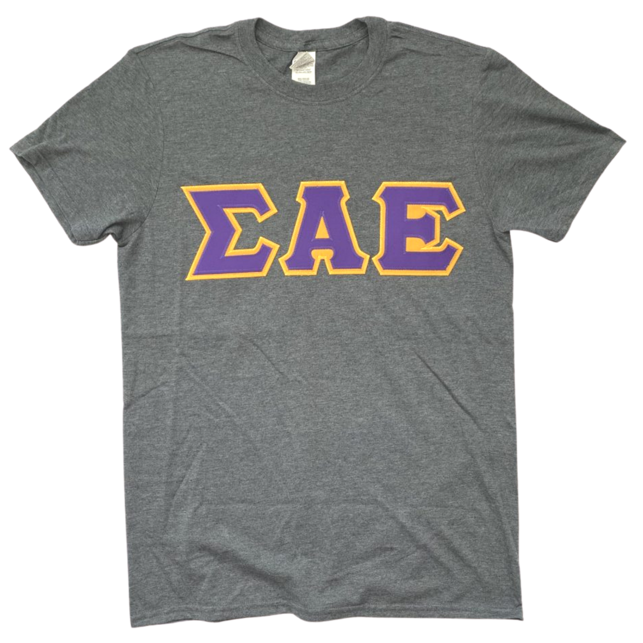 Sigma Alpha Epsilon Stitched Letter T-Shirt | Dark Heather | Purple with Gold Border
