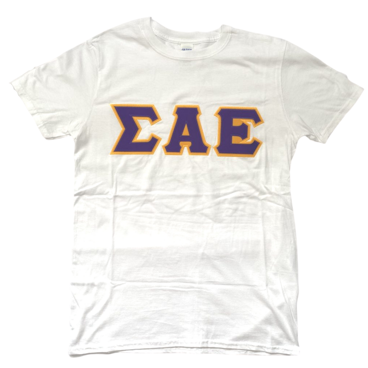 Sigma Alpha Epsilon Stitched Letter T-Shirt | White | Purple with Gold Border