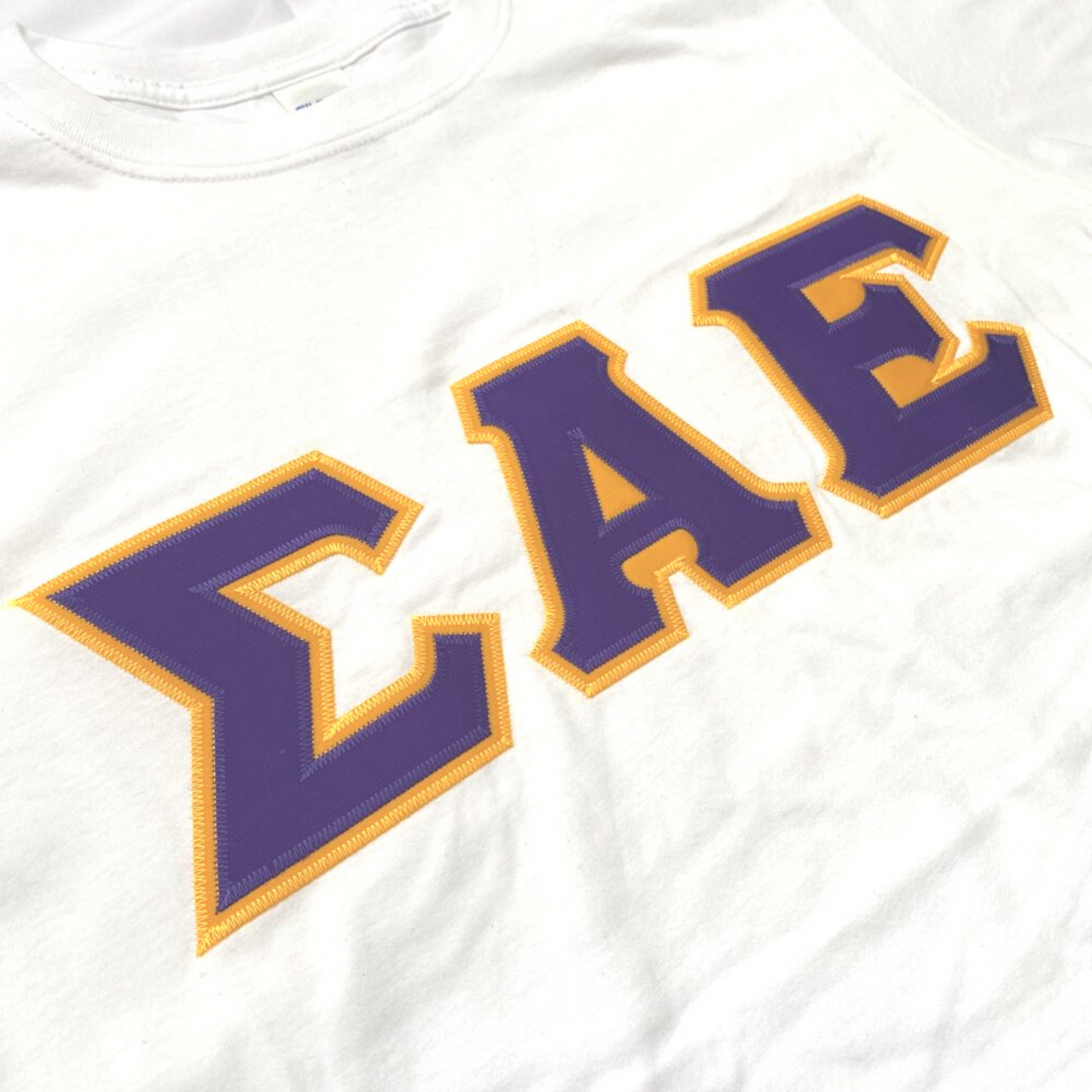 Sigma Alpha Epsilon Stitched Letter T-Shirt | White | Purple with Gold Border