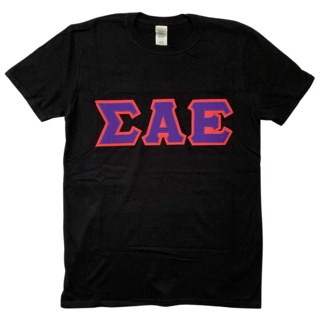 Sigma Alpha Epsilon Stitched Letter T-Shirt | Black | Purple with Pink Border