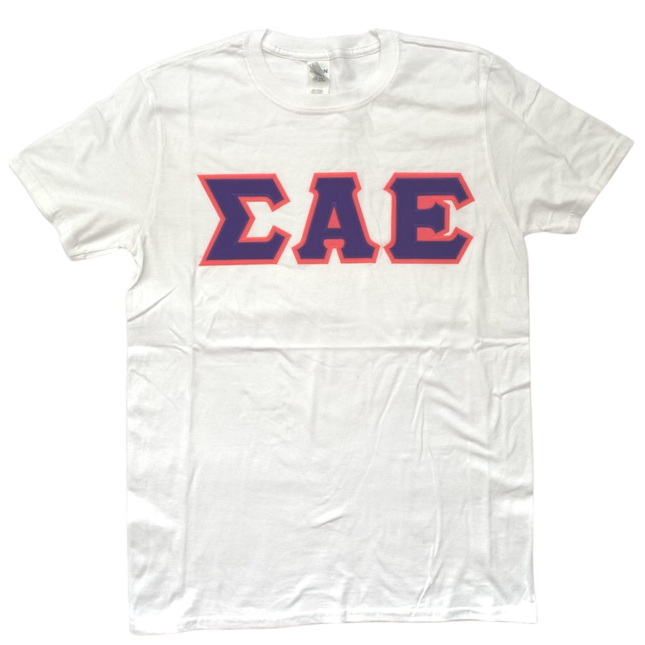 Sigma Alpha Epsilon Stitched Letter T-Shirt | White | Purple with Pink Border