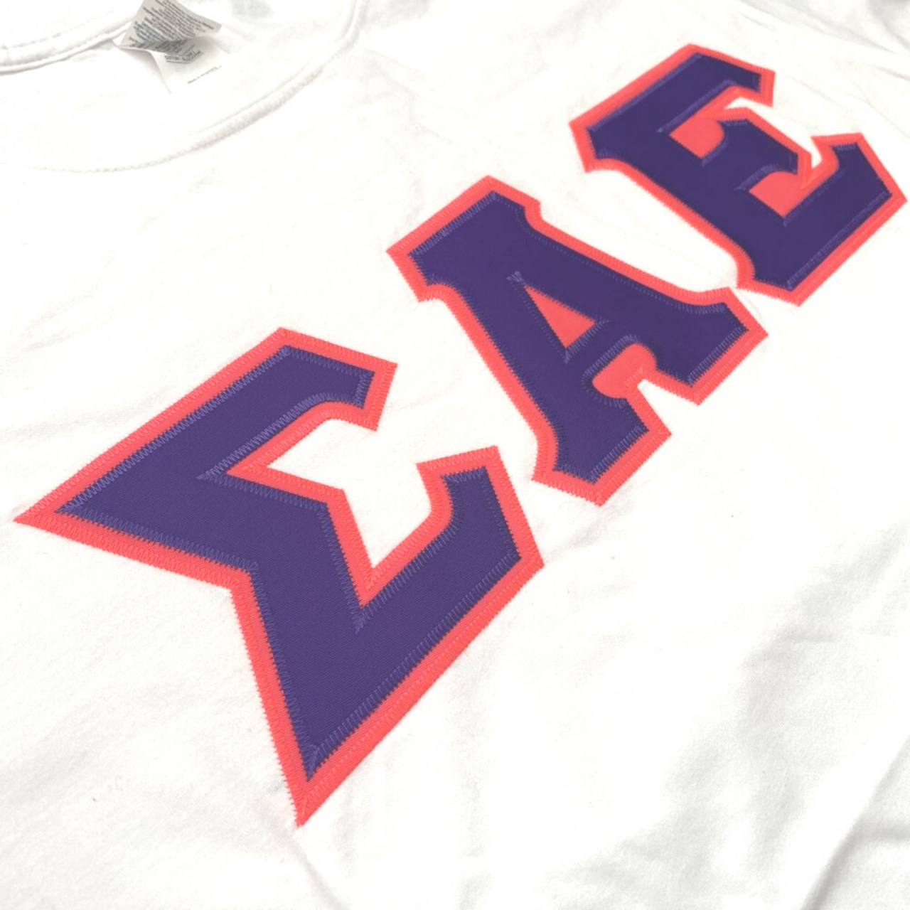 Sigma Alpha Epsilon Stitched Letter T-Shirt | White | Purple with Pink Border