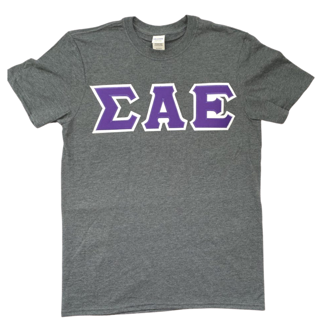 Sigma Alpha Epsilon Stitched Letter T-Shirt | Dark Heather | Purple with White Border