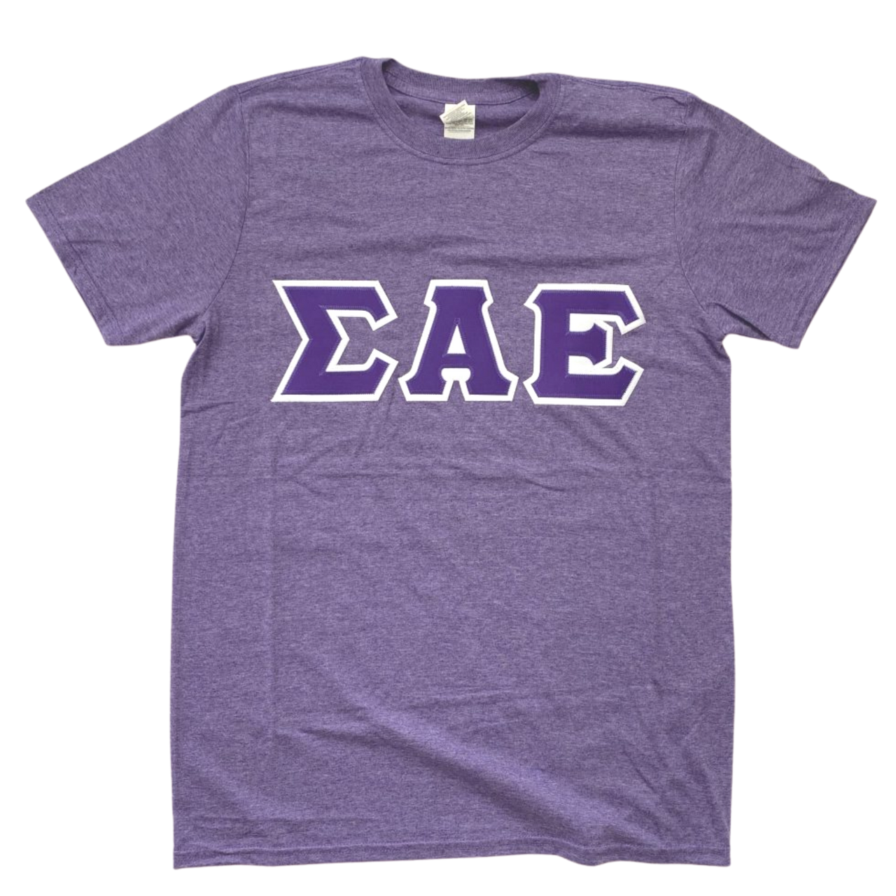 Sigma Alpha Epsilon Stitched Letter T-Shirt | Heather Purple | Purple with White Border