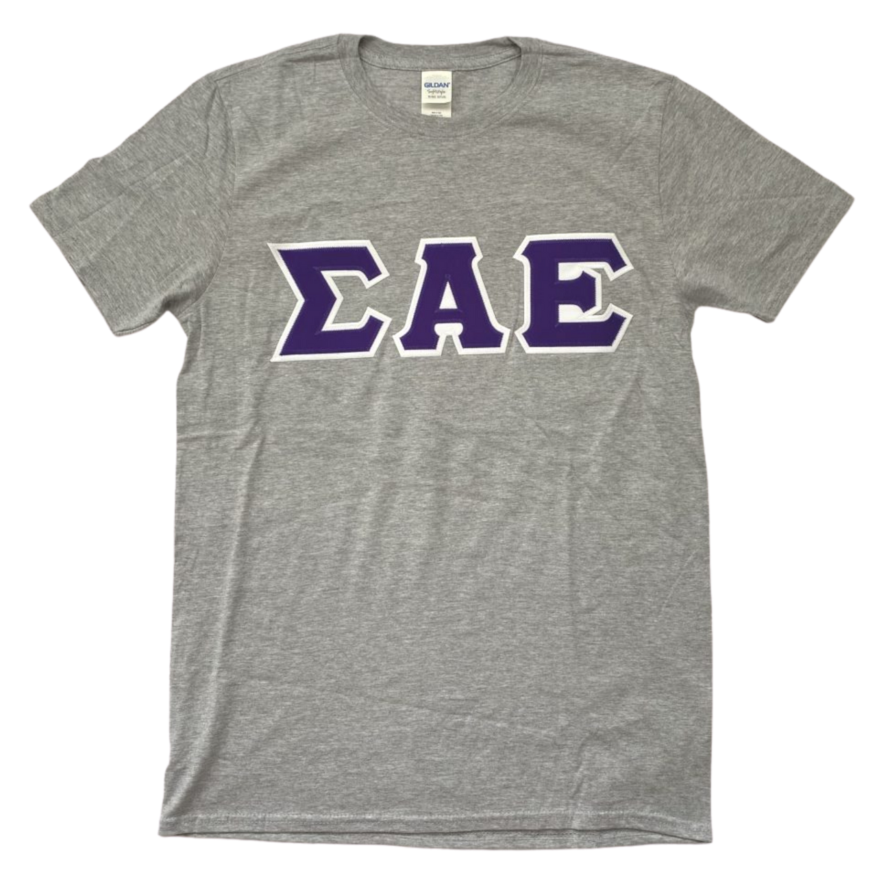 Sigma Alpha Epsilon Stitched Letter T-Shirt | Sport Grey | Purple with White Border