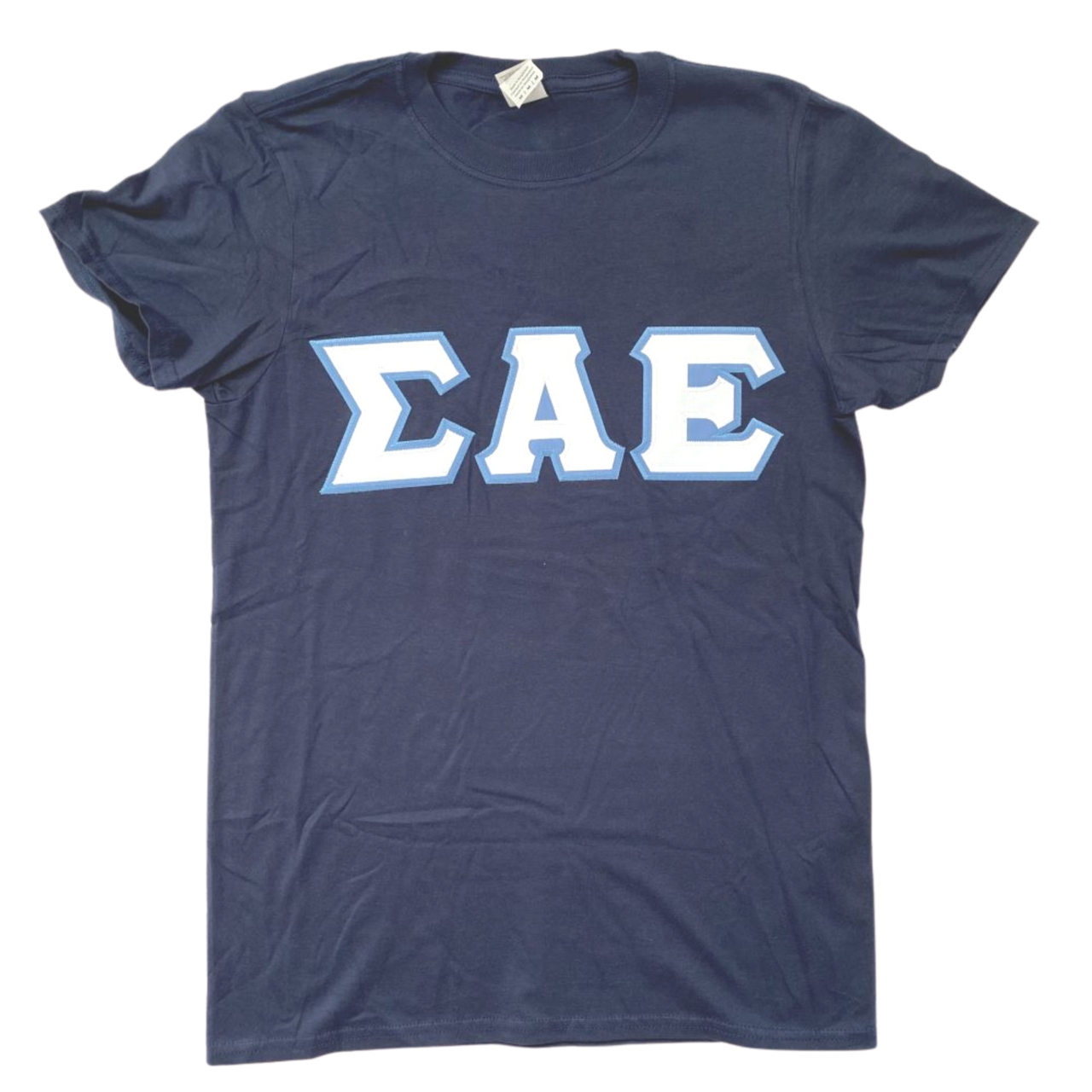 Sigma Alpha Epsilon Stitched Letter T-Shirt | Navy | White with Columbia Blue Border