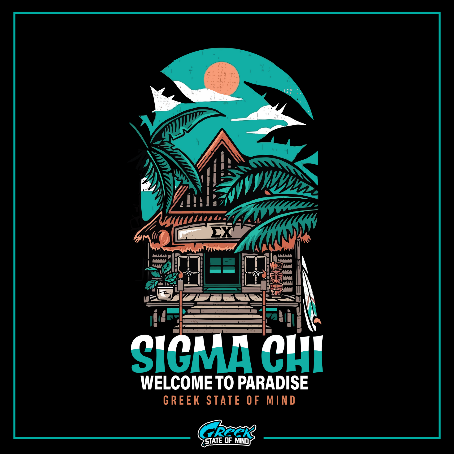 Sigma Chi Graphic T-Shirt | Welcome to Paradise | Sigma Chi Fraternity Merch House design