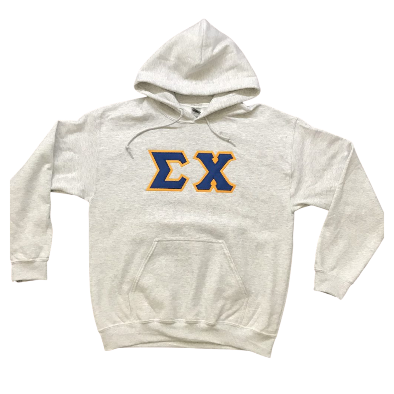 Sigma Chi Stitched Letter Hoodie | Ash | Dark Royal with Gold Border