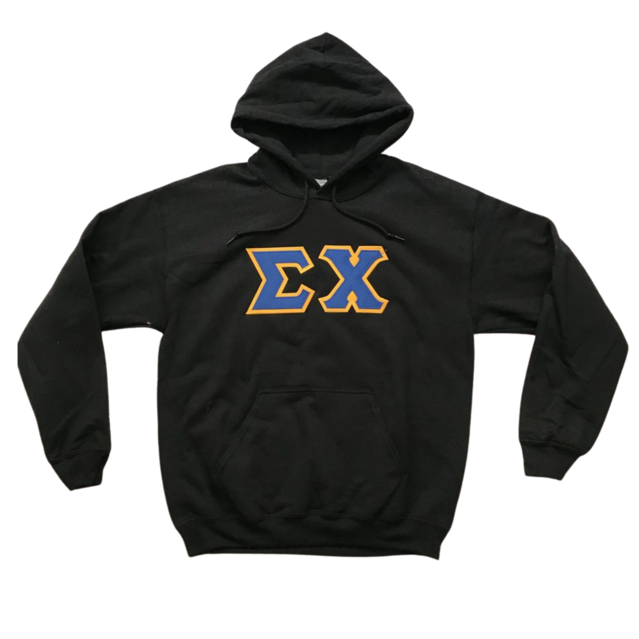 Sigma Chi Stitched Letter Hoodie | Black | Dark Royal with Gold Border