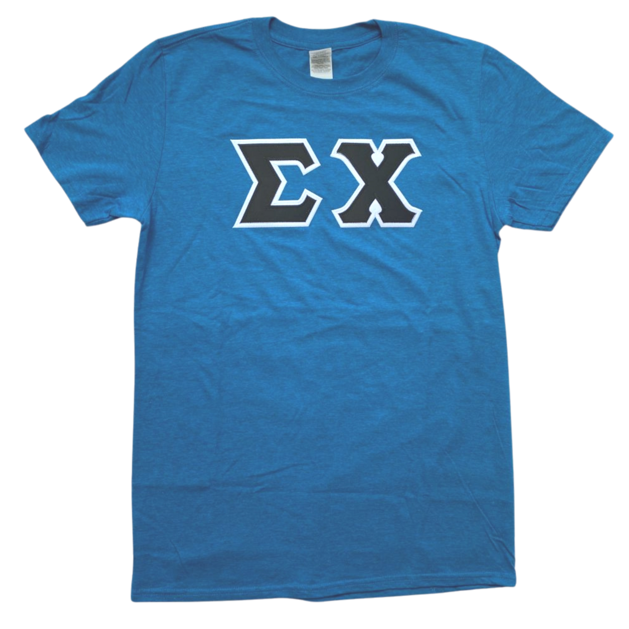 Sigma Chi Stitched Letter T-Shirt | Antique Sapphire | Black with White Border
