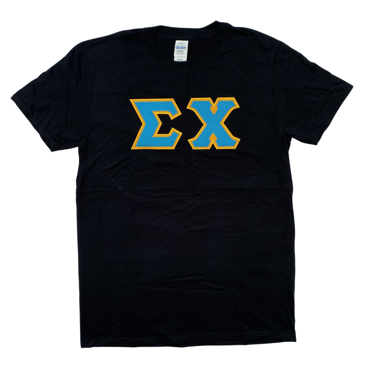 Sigma Chi Stitched Letter T-Shirt | Black | Cyan with Gold Border