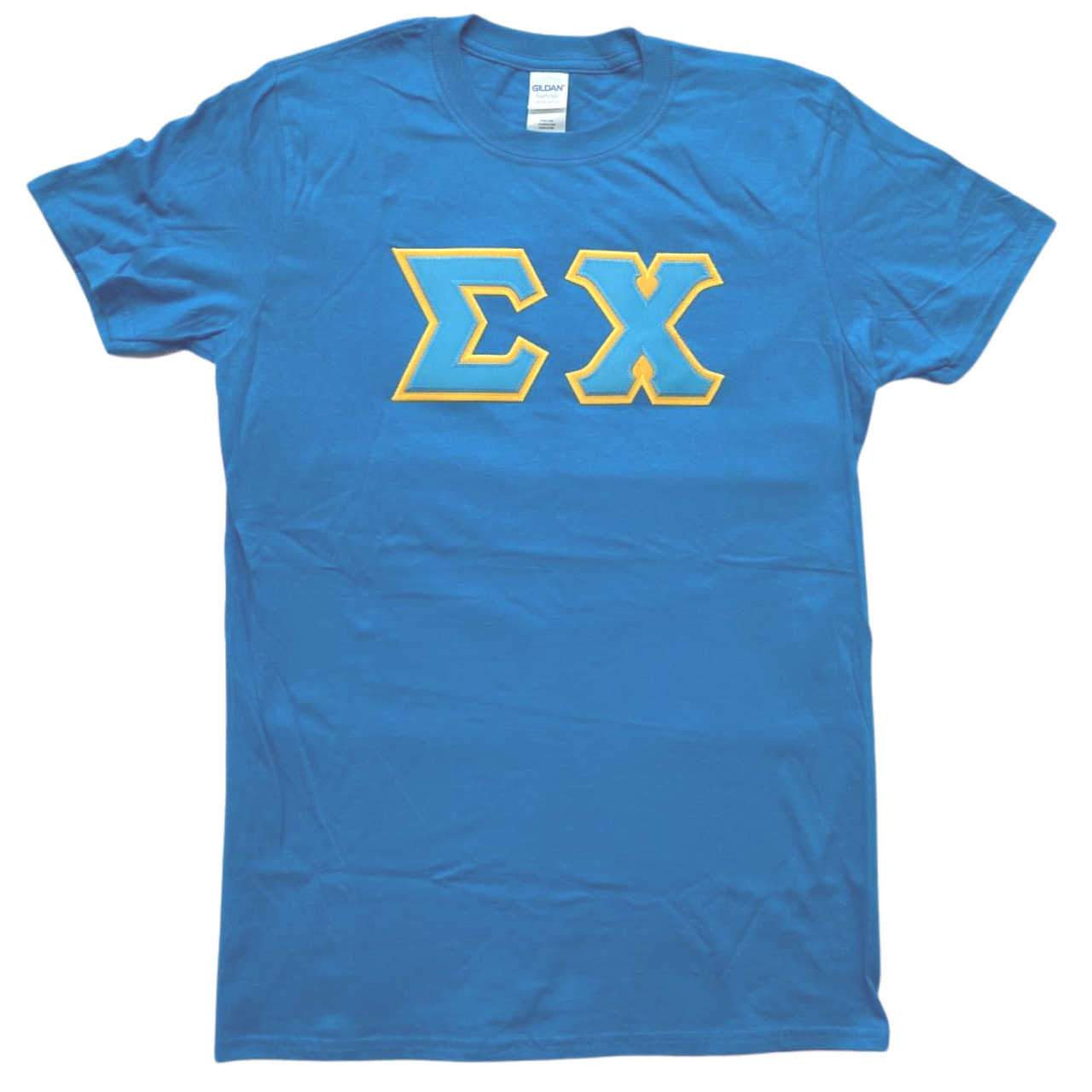 Sigma Chi Stitched Letter T-Shirt | Sapphire | Cyan with Gold Border