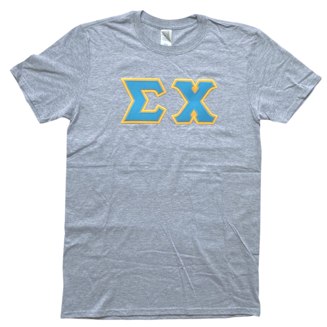Sigma Chi Stitched Letter T-Shirt | Sport Grey | Cyan with Gold Border