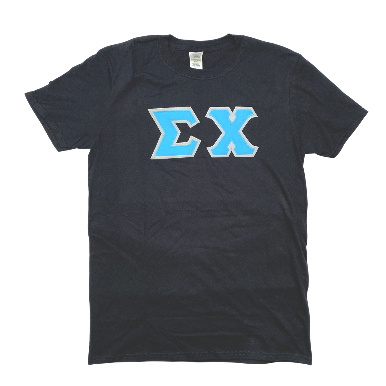 Sigma Chi Stitched Letter T-Shirt | Black | Cyan with Gray Border