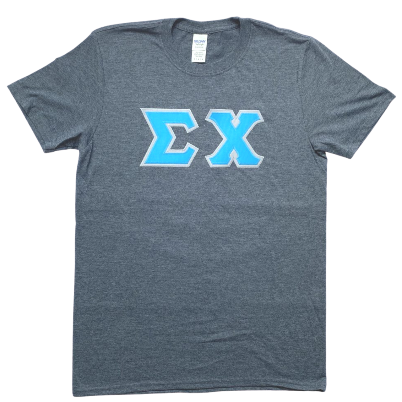 Sigma Chi Stitched Letter T-Shirt | Dark Heather | Cyan with Gray Border