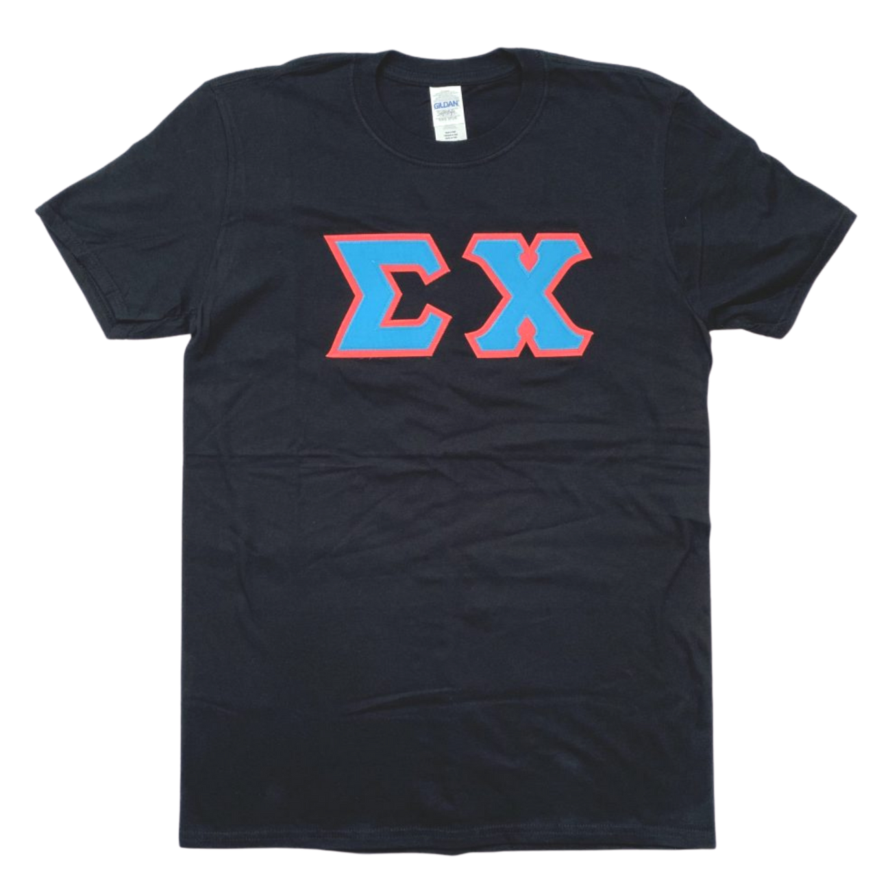 Sigma Chi Stitched Letter T-Shirt | Black | Cyan with Pink Border