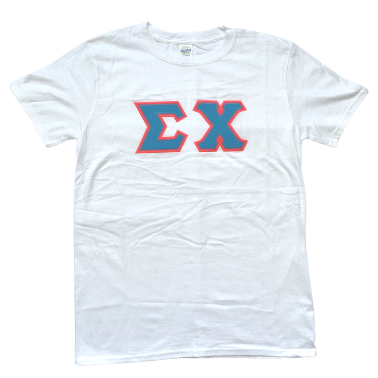Sigma Chi Stitched Letter T-Shirt | White | Cyan with Pink Border