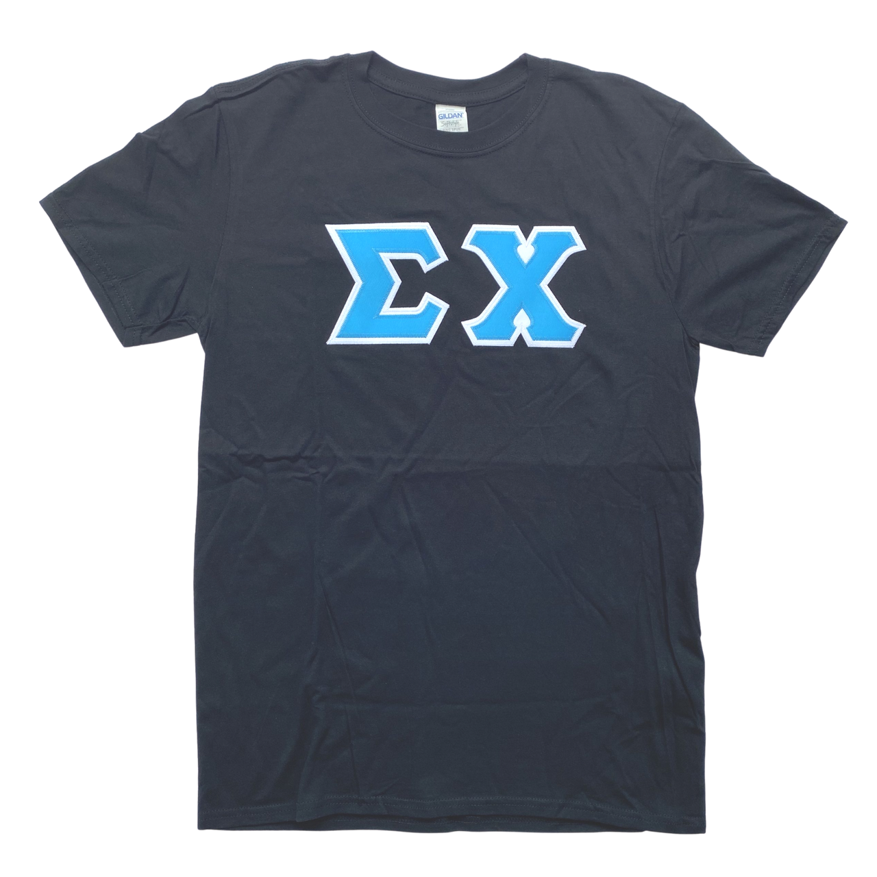 Sigma Chi Stitched Letter T-Shirt | Black | Cyan with White Border